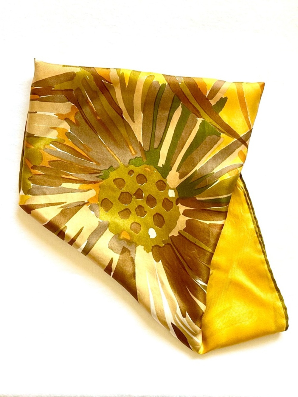Silky Scarf in Golden Yellow with Brown Floral Pattern